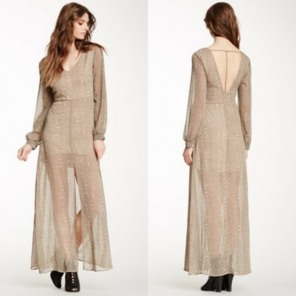 ASTR Herringbone Print Maxi Dress with Front Slit